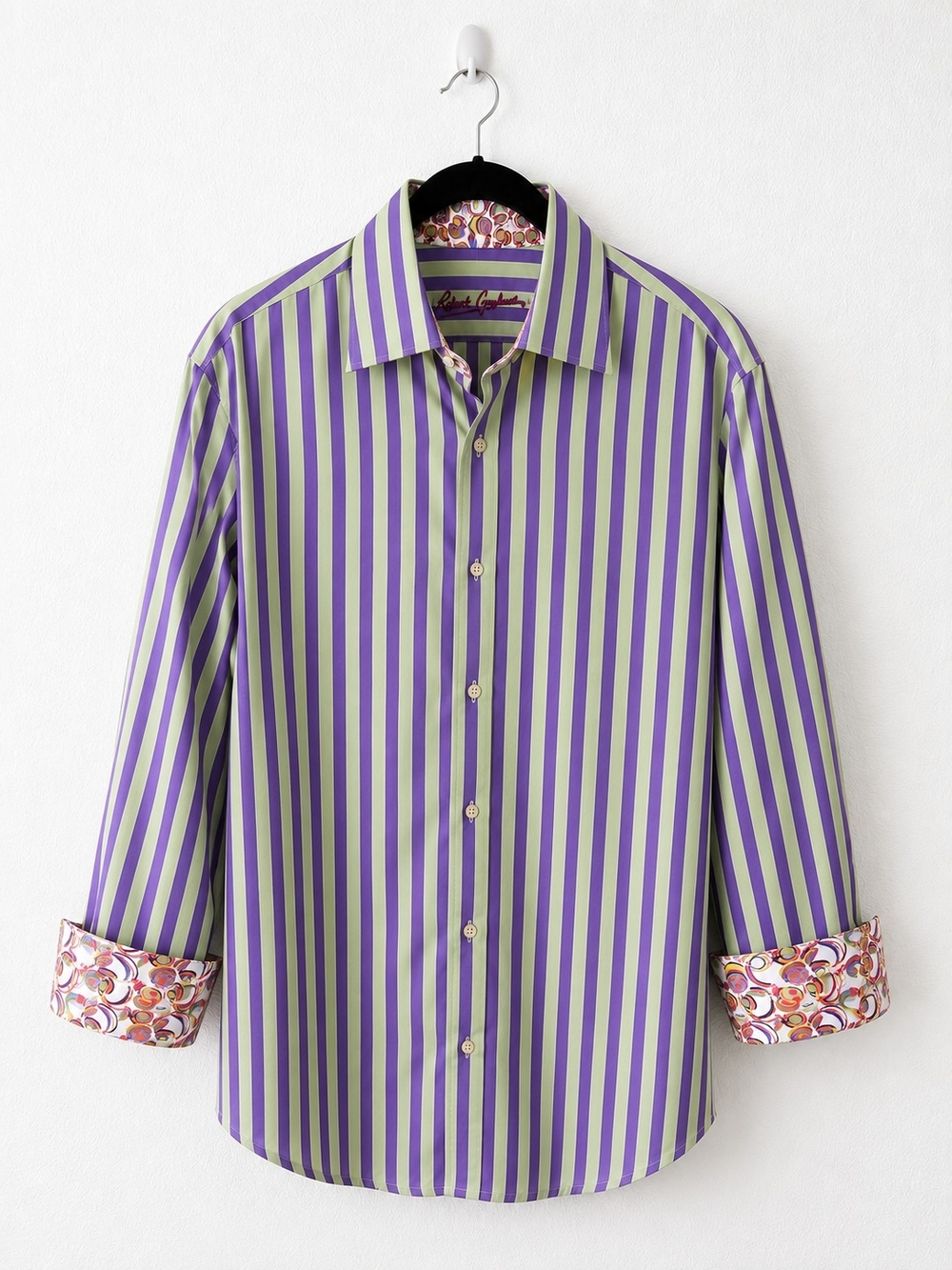 Robert Graham Knowledge Wisdom Truth Purple Green Stripe Flip Cuff Shirt L/XL